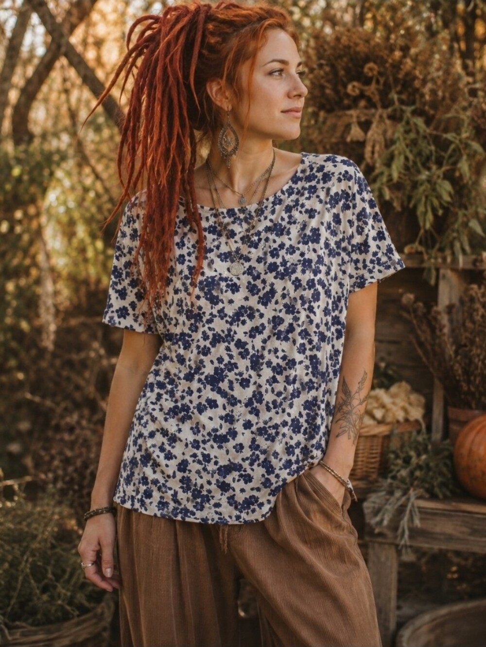4/$15 Old Navy Floral Long Sleeve Top Cream Navy Blue L Modal Rayon